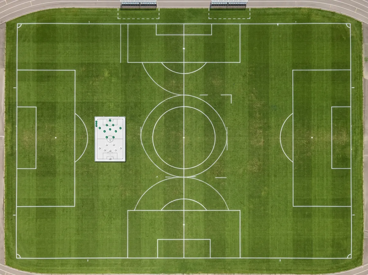 Fußballfeld mit Linienmarkierungen und Taktikaufstellung für die österreichische Bundesliga