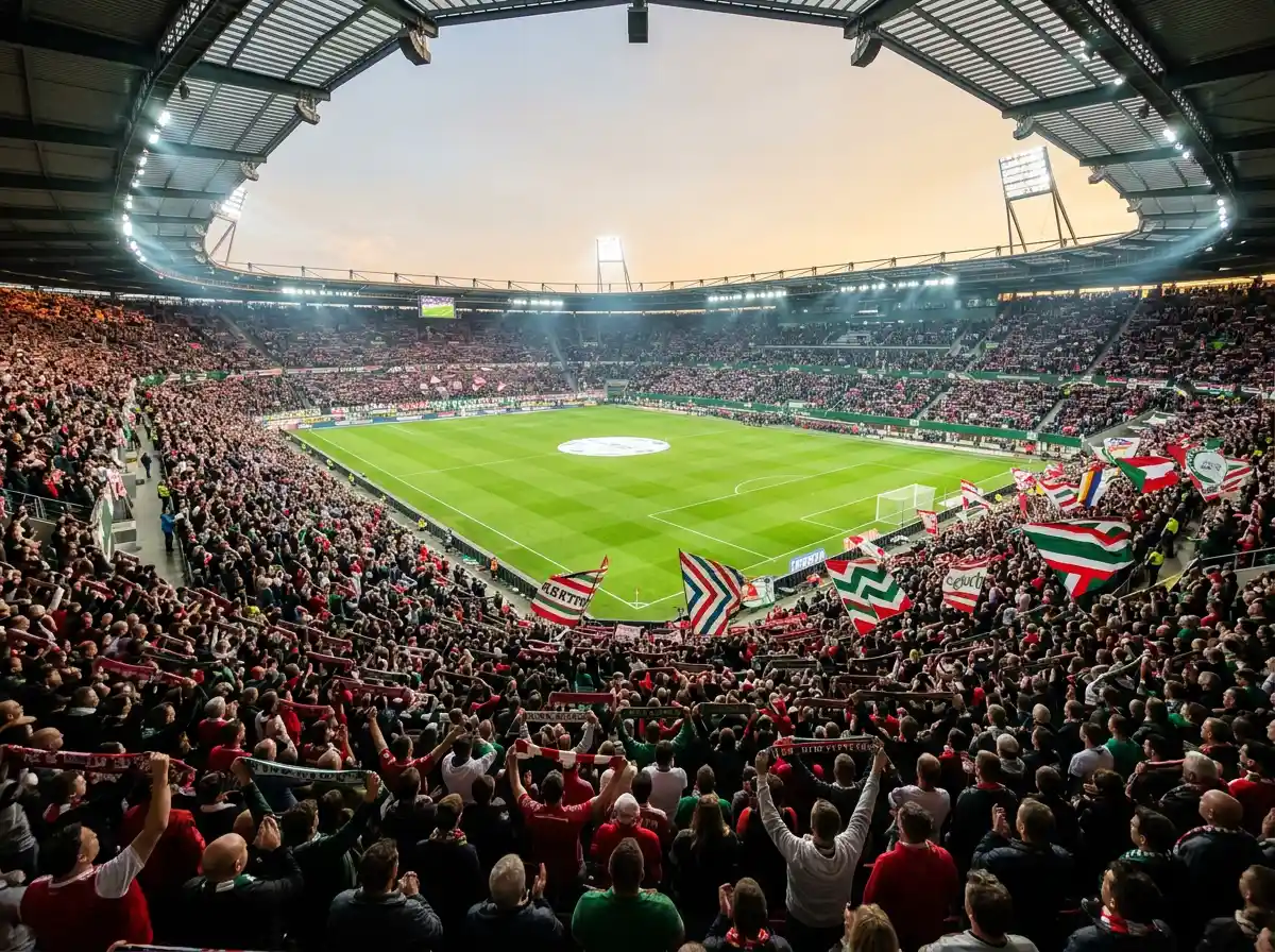 Volle Zuschauertribüne eines österreichischen Fußballstadions mit grünem Rasen