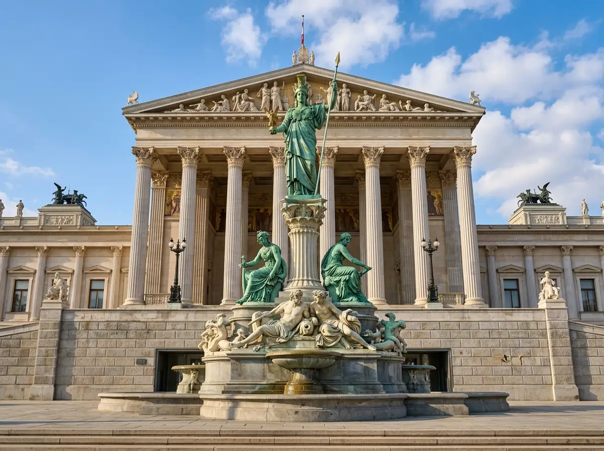 Österreichisches Parlamentsgebäude in Wien mit Athene-Statue bei klarem Himmel