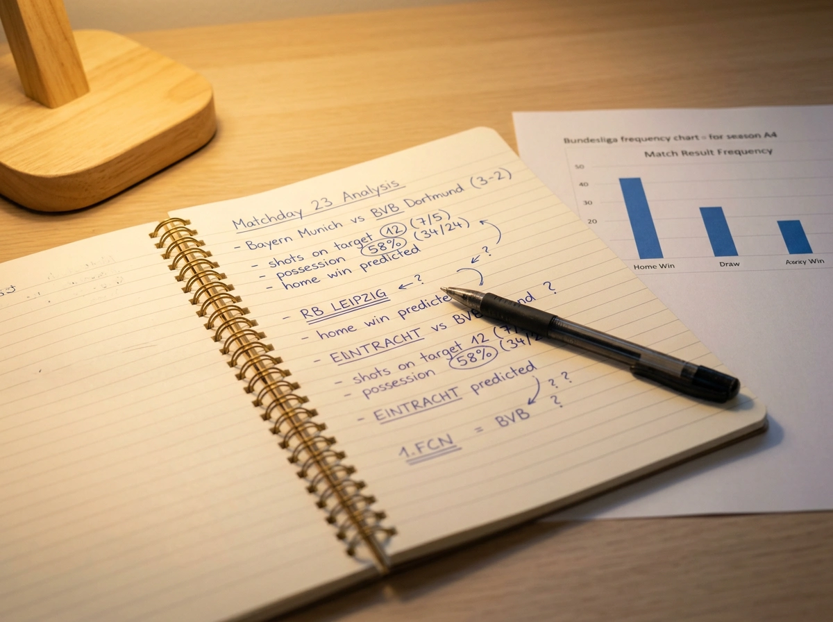 Notizbuch mit handschriftlichen Fußball-Statistiken und Stift auf einem Schreibtisch